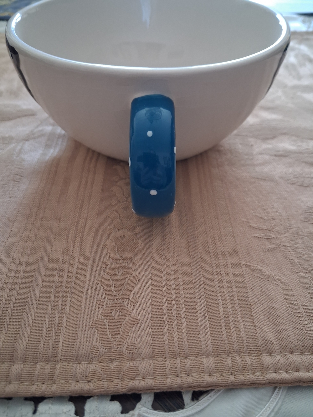 White Ceramic Double Dip Bowl with Blue Handle and Black Accent - Picture 5 of 6